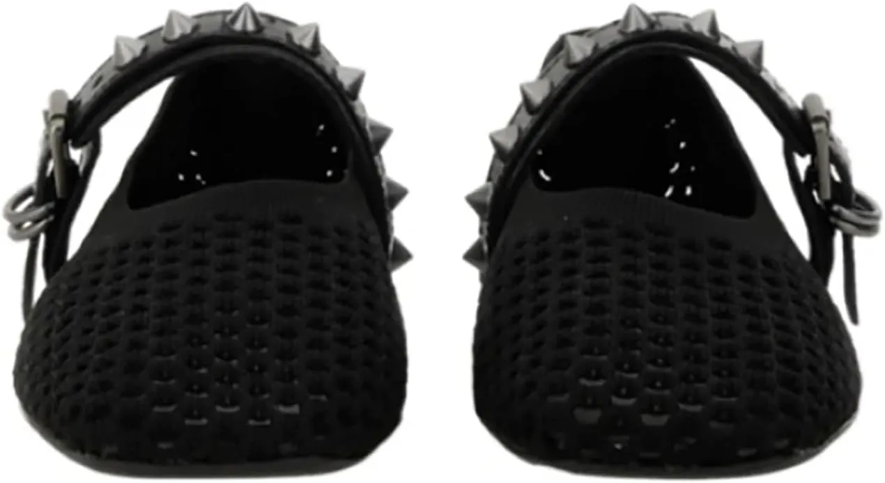 Women's Breathable Mesh Knit Ballet Flats, Square Toe Studded Mary Jane Shoes with Buckle Strap, Comfy Supportive Casual Office Ballerina Flat Shoes