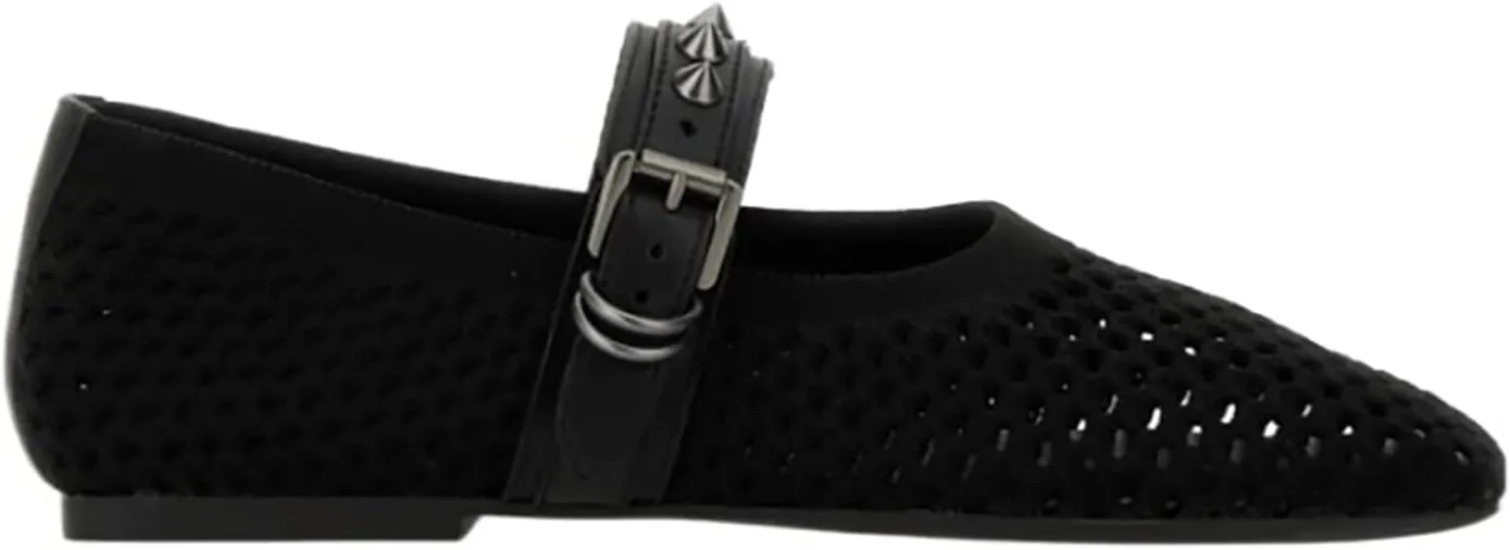 Women's Breathable Mesh Knit Ballet Flats, Square Toe Studded Mary Jane Shoes with Buckle Strap, Comfy Supportive Casual Office Ballerina Flat Shoes
