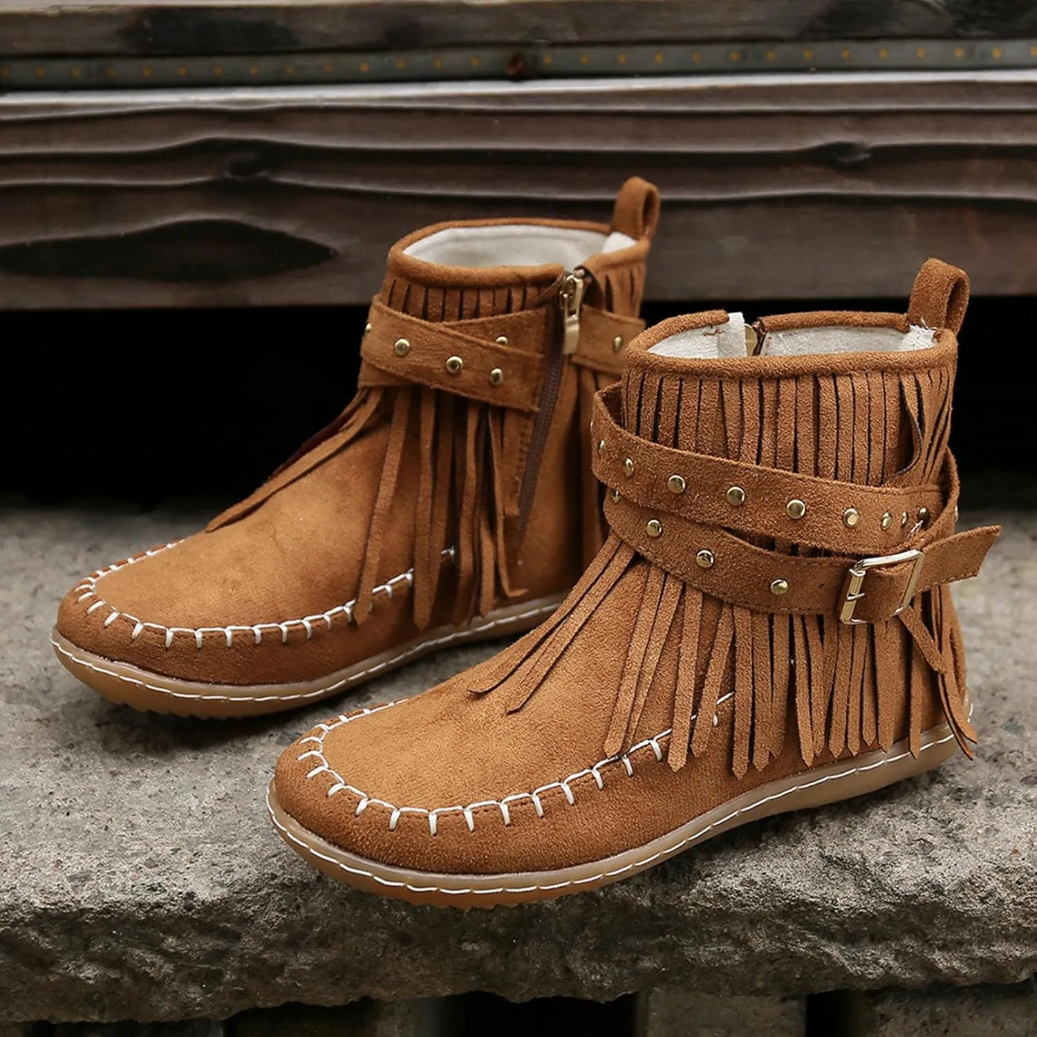 Women's Casual Ankle Booties Western Ankle Boots Women FashionLadies Casual Vintage Western Fringe Flat Ankle Boots