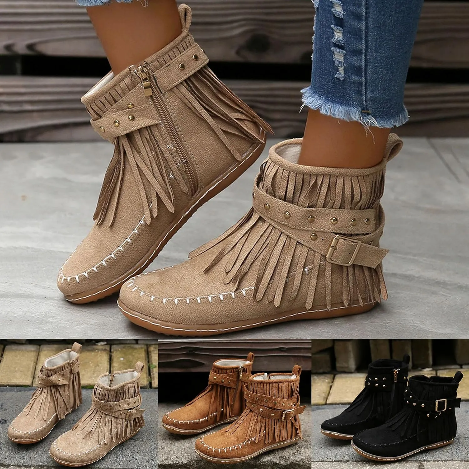 Women's Casual Ankle Booties Western Ankle Boots Women FashionLadies Casual Vintage Western Fringe Flat Ankle Boots