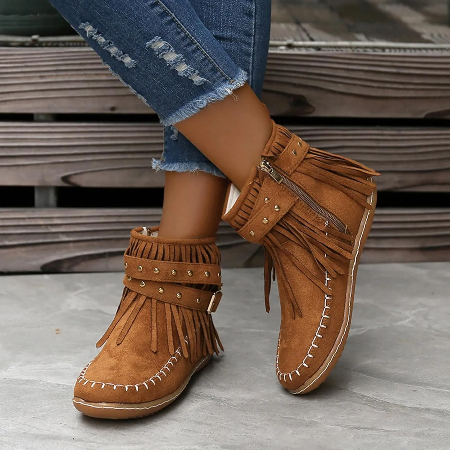 Women's Casual Ankle Booties Western Ankle Boots Women FashionLadies Casual Vintage Western Fringe Flat Ankle Boots