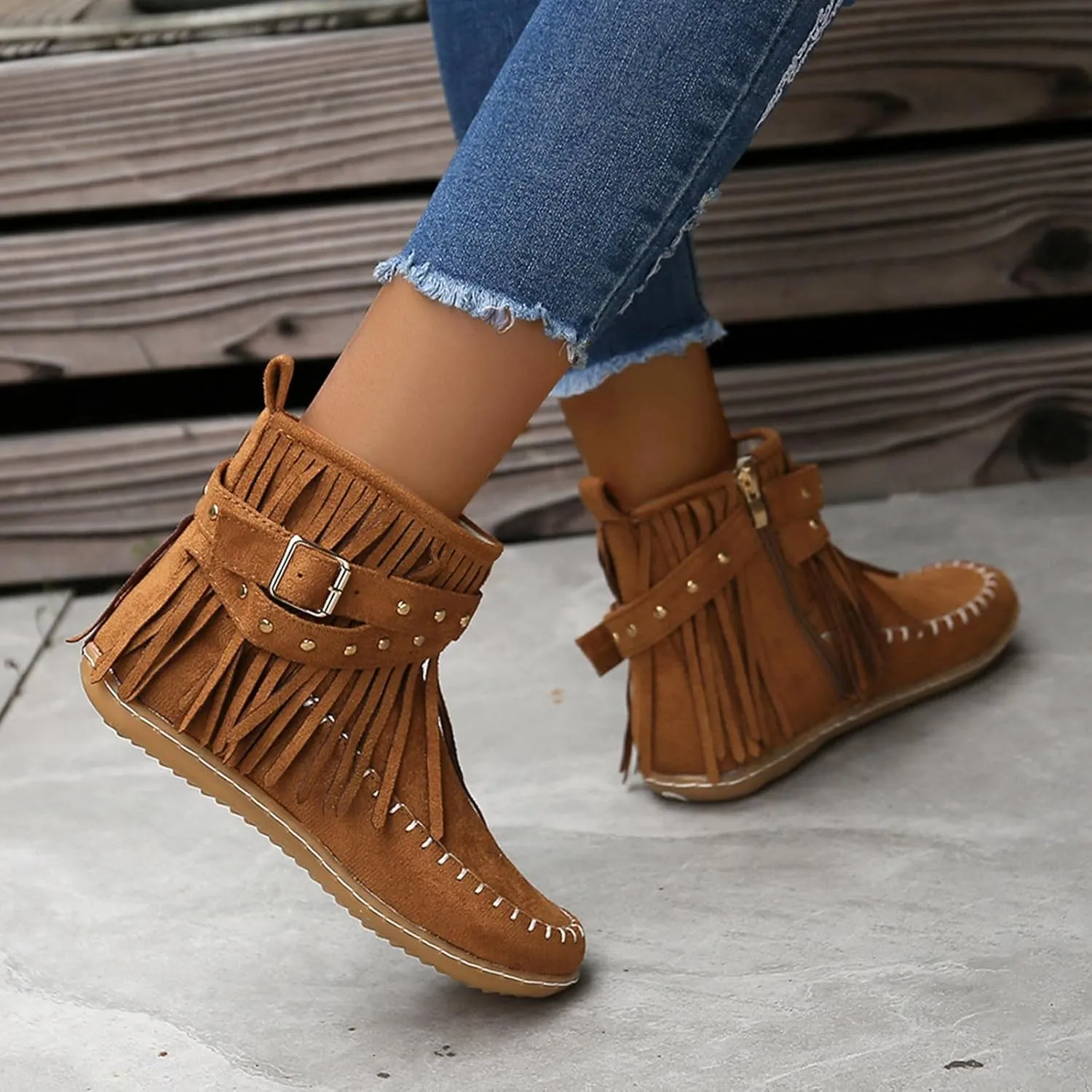 Women's Casual Ankle Booties Western Ankle Boots Women FashionLadies Casual Vintage Western Fringe Flat Ankle Boots