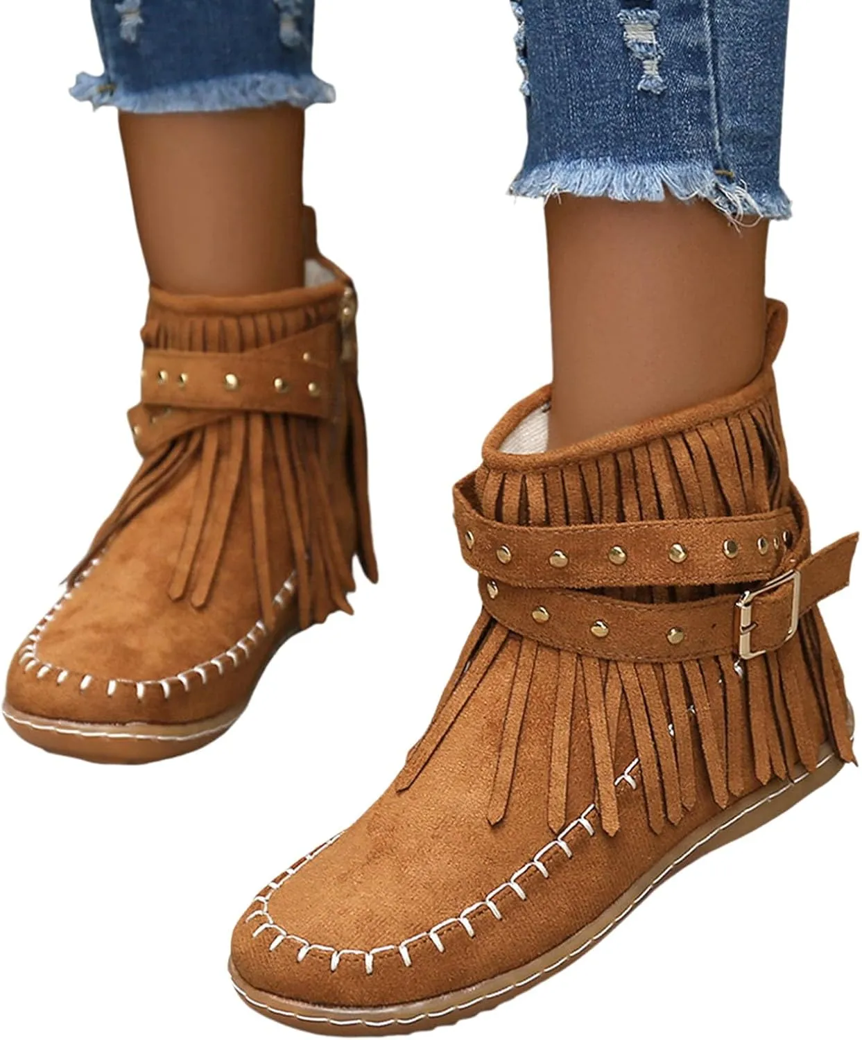 Women's Casual Ankle Booties Western Ankle Boots Women FashionLadies Casual Vintage Western Fringe Flat Ankle Boots