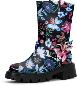 Women's Chunky Heel Round Toe Mid Calf Boots Buckle Strap Platform Biker Boots