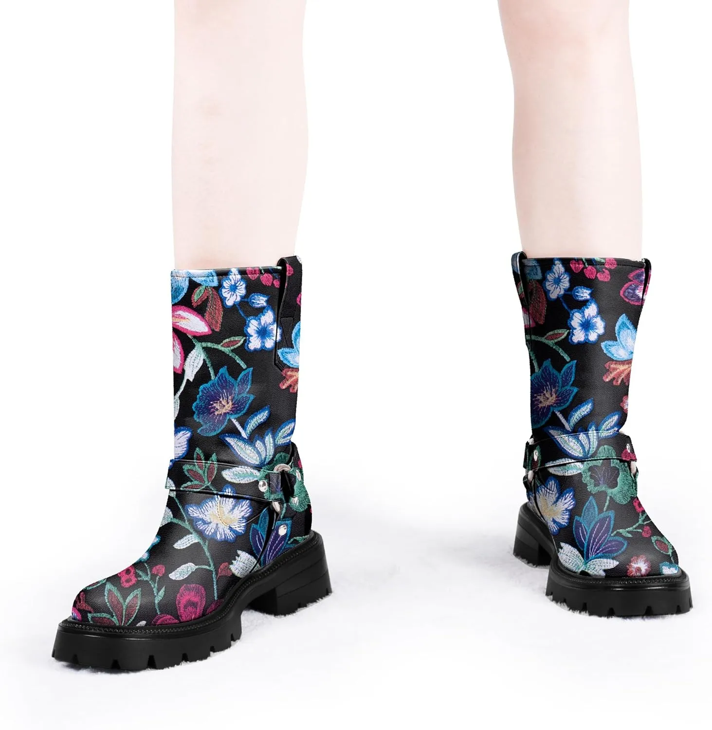Women's Chunky Heel Round Toe Mid Calf Boots Buckle Strap Platform Biker Boots