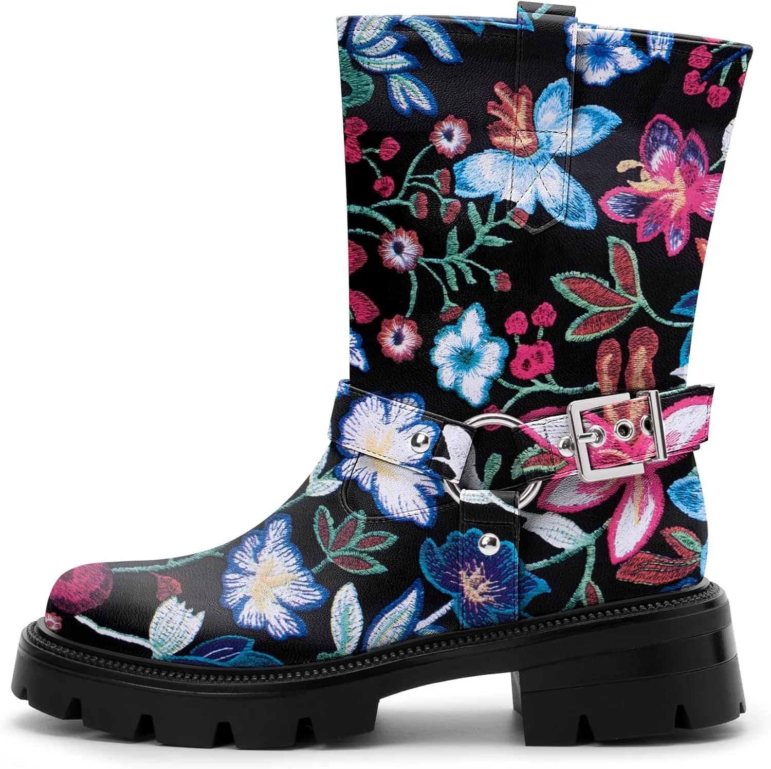 Women's Chunky Heel Round Toe Mid Calf Boots Buckle Strap Platform Biker Boots