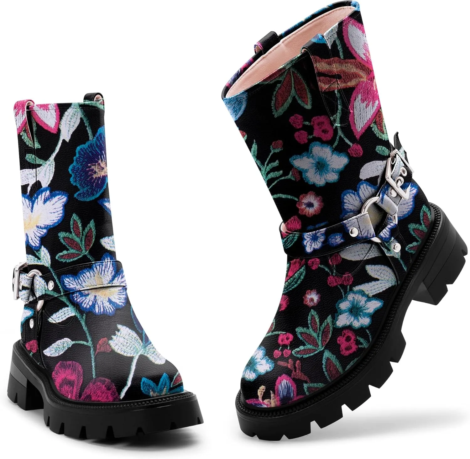 Women's Chunky Heel Round Toe Mid Calf Boots Buckle Strap Platform Biker Boots