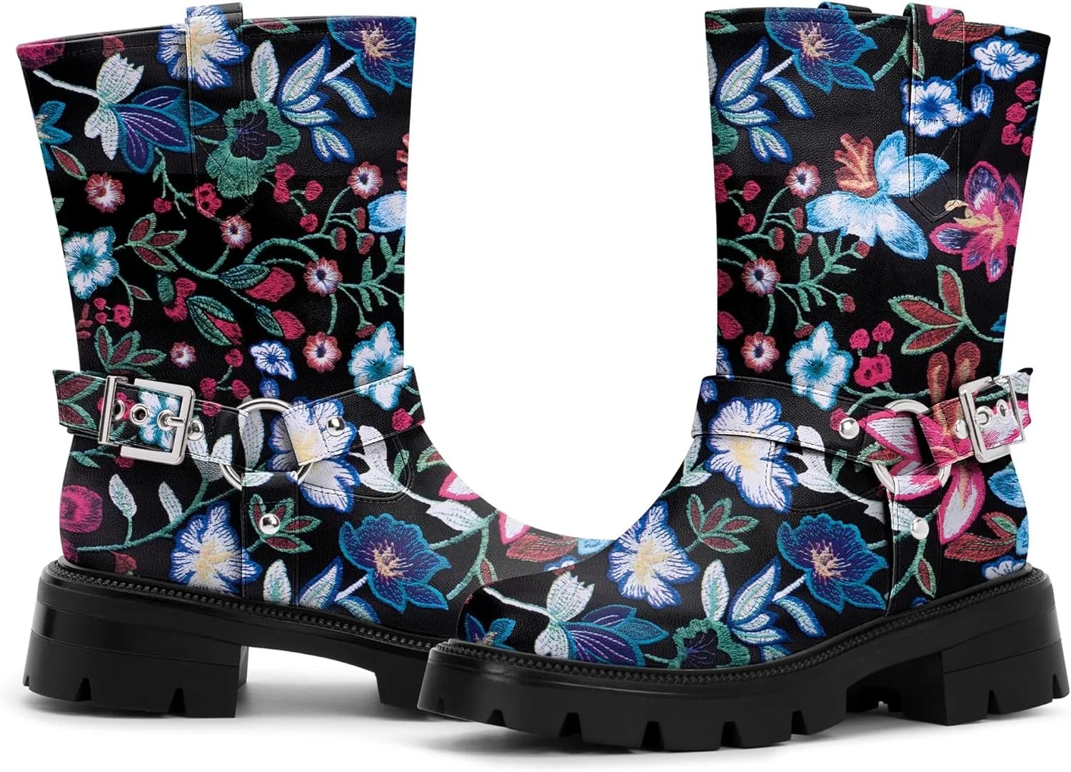 Women's Chunky Heel Round Toe Mid Calf Boots Buckle Strap Platform Biker Boots