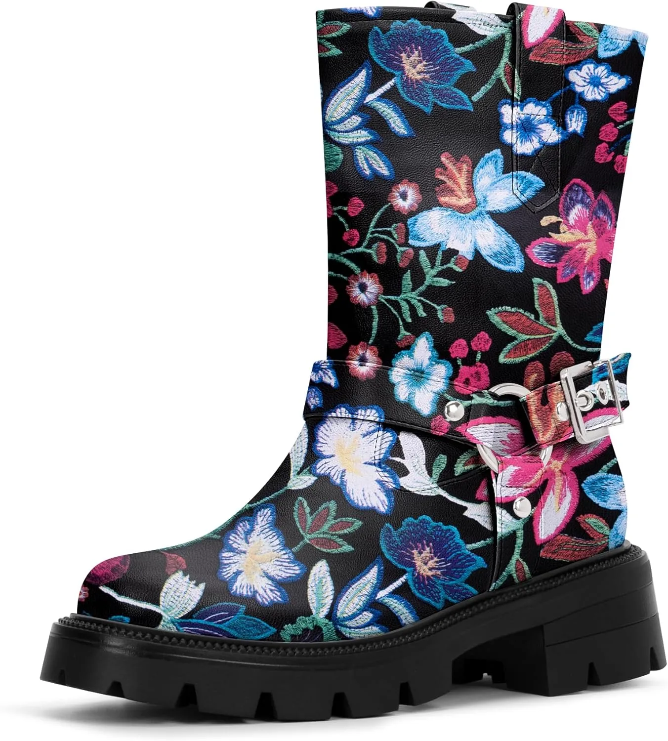 Women's Chunky Heel Round Toe Mid Calf Boots Buckle Strap Platform Biker Boots