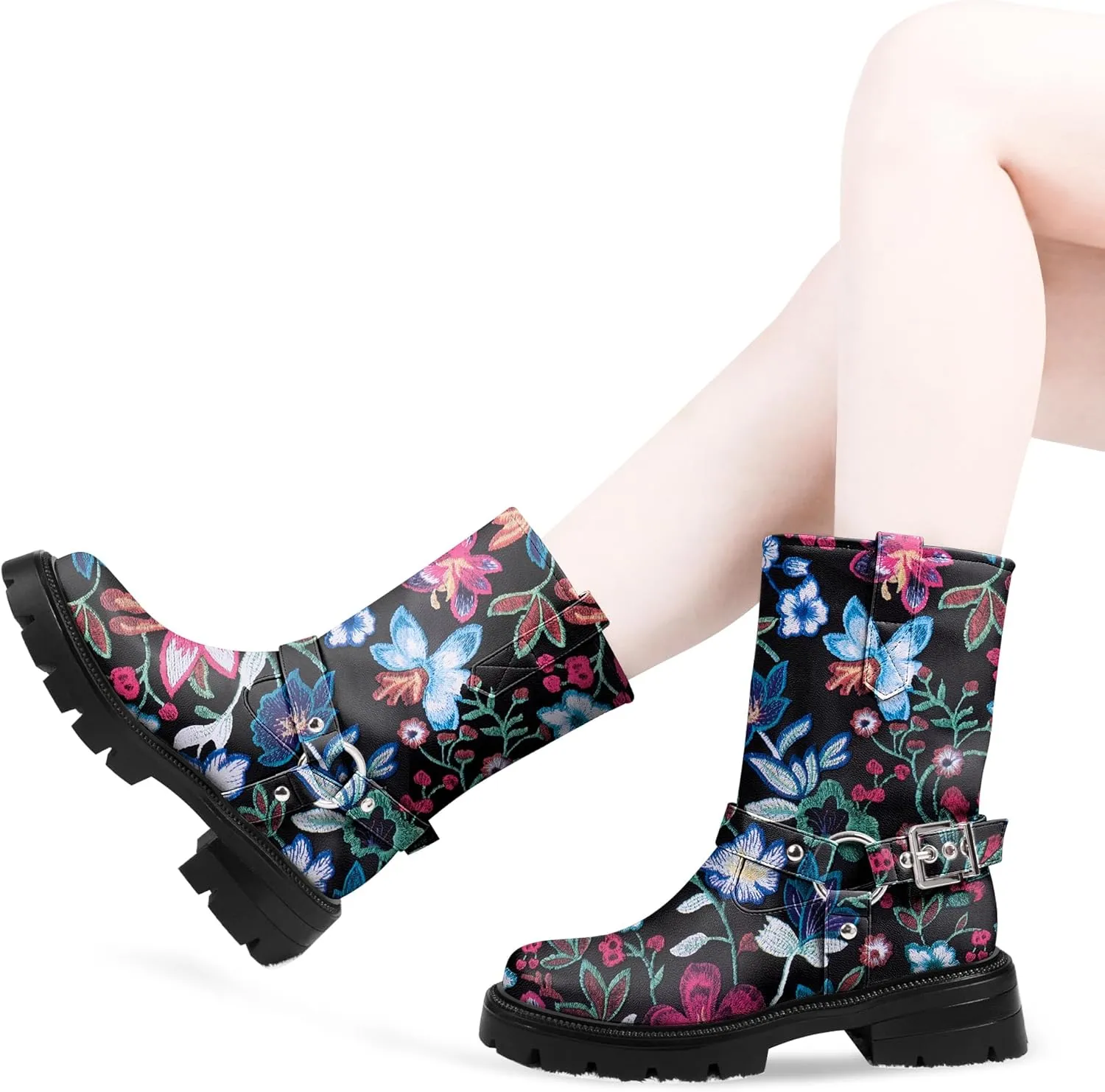 Women's Chunky Heel Round Toe Mid Calf Boots Buckle Strap Platform Biker Boots