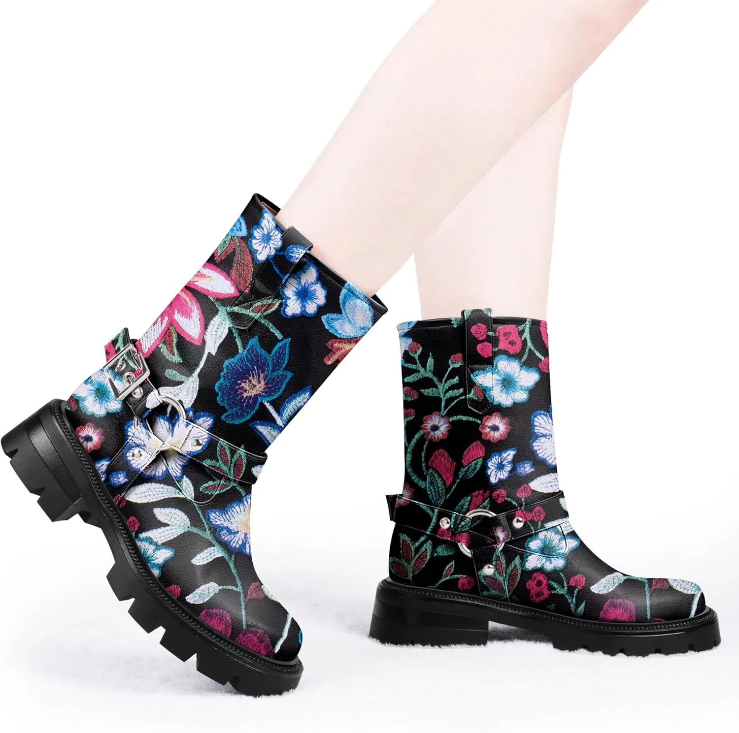Women's Chunky Heel Round Toe Mid Calf Boots Buckle Strap Platform Biker Boots