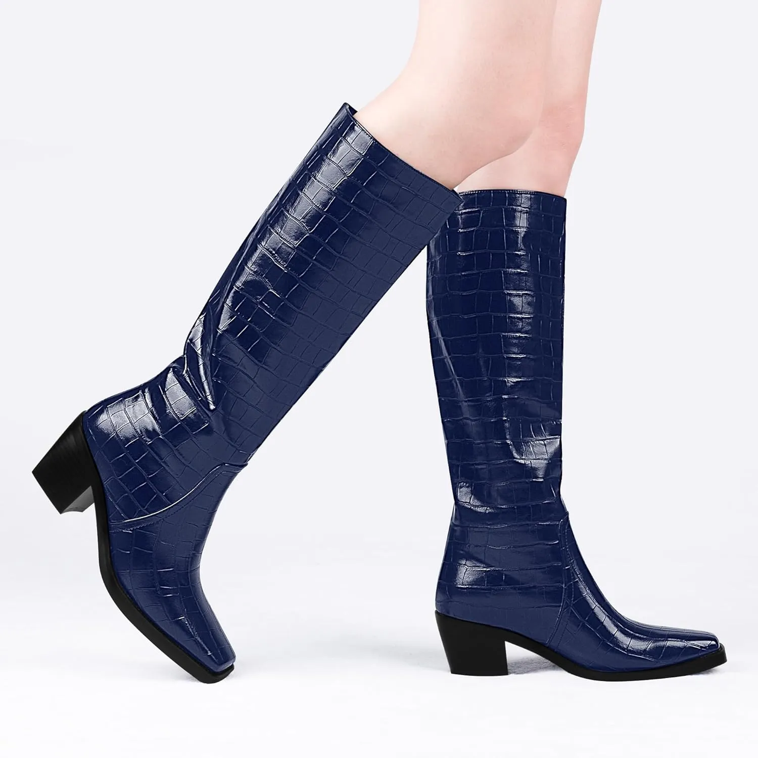 Women's Chunky Heel Square Toe Knee High Boots Slip On Patent Leather Crocodile Boots