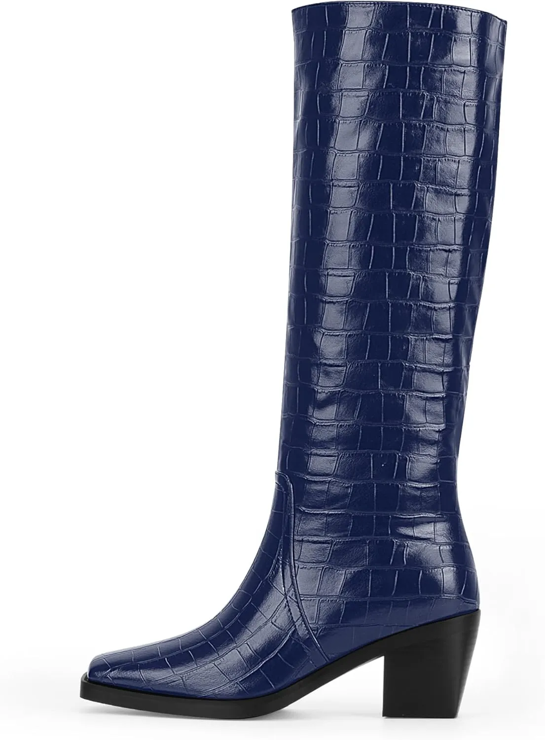 Women's Chunky Heel Square Toe Knee High Boots Slip On Patent Leather Crocodile Boots