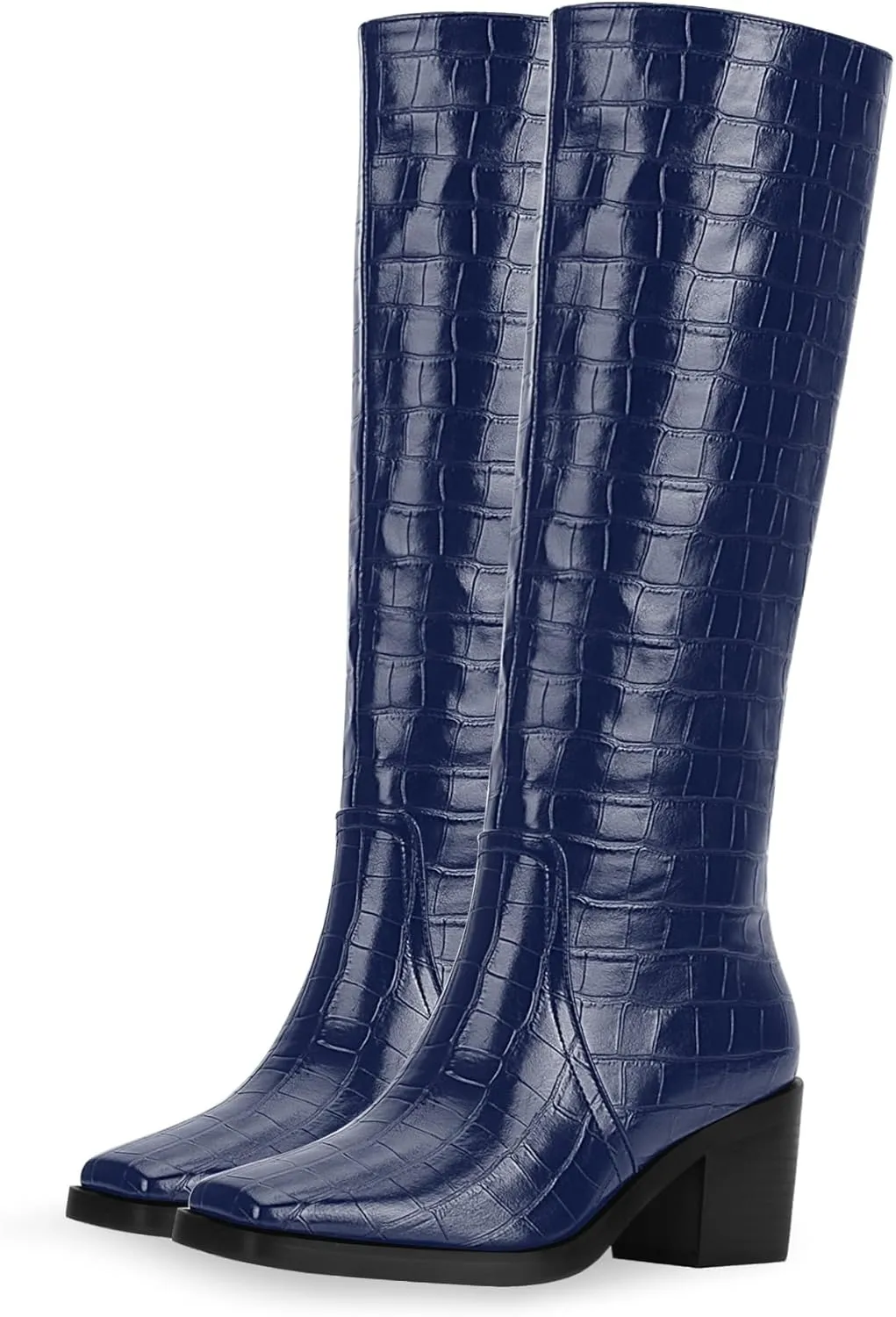 Women's Chunky Heel Square Toe Knee High Boots Slip On Patent Leather Crocodile Boots