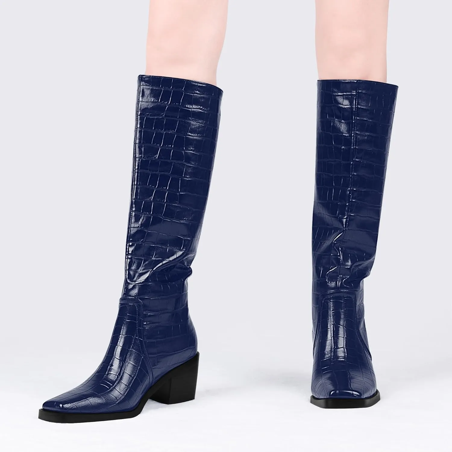 Women's Chunky Heel Square Toe Knee High Boots Slip On Patent Leather Crocodile Boots