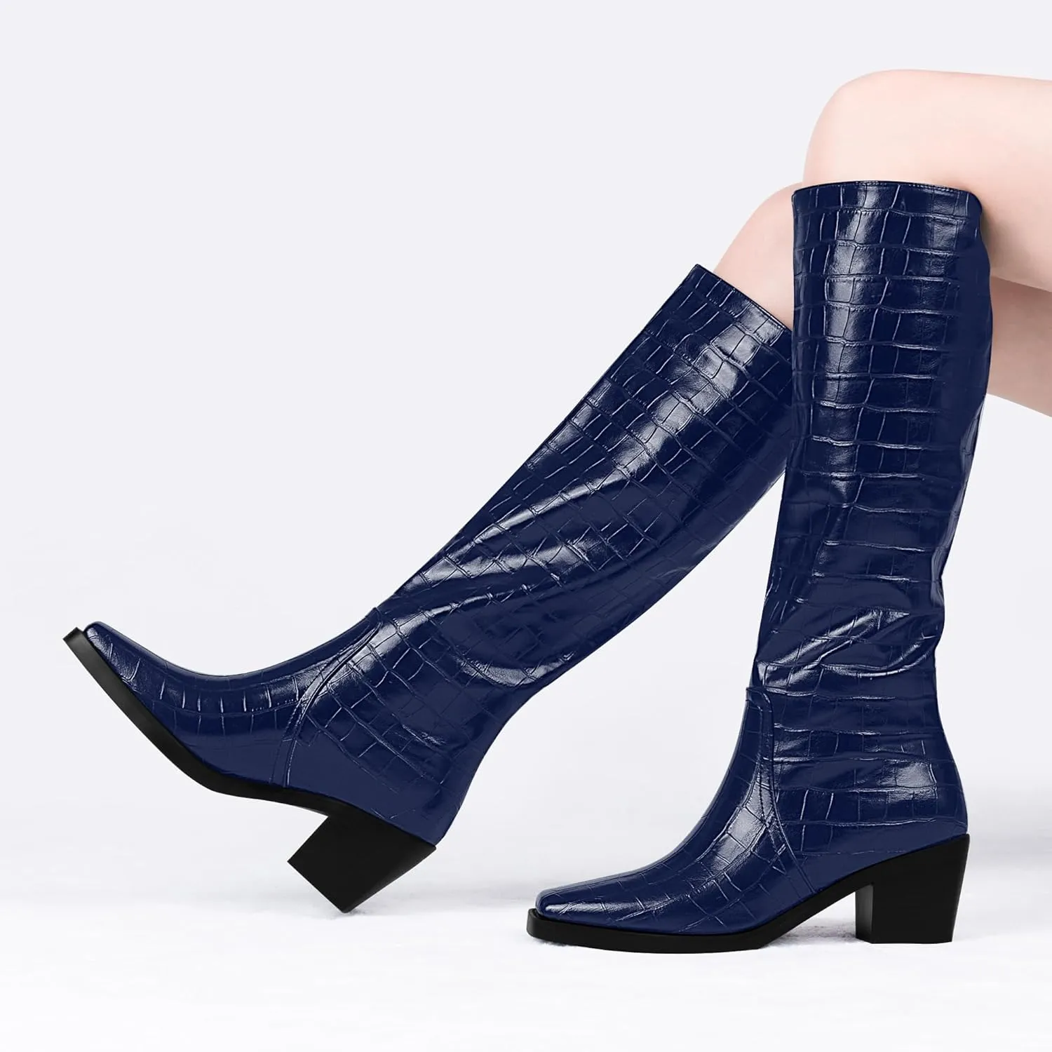 Women's Chunky Heel Square Toe Knee High Boots Slip On Patent Leather Crocodile Boots