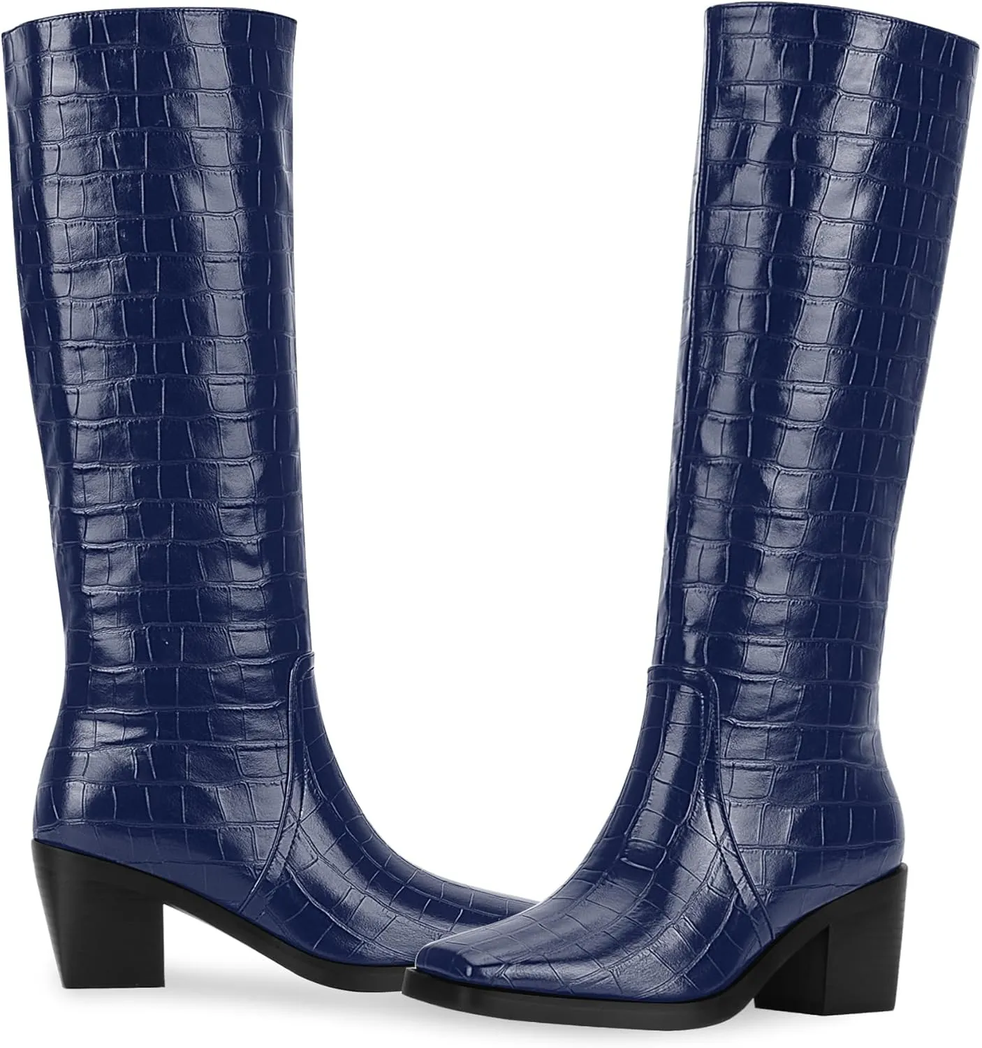 Women's Chunky Heel Square Toe Knee High Boots Slip On Patent Leather Crocodile Boots