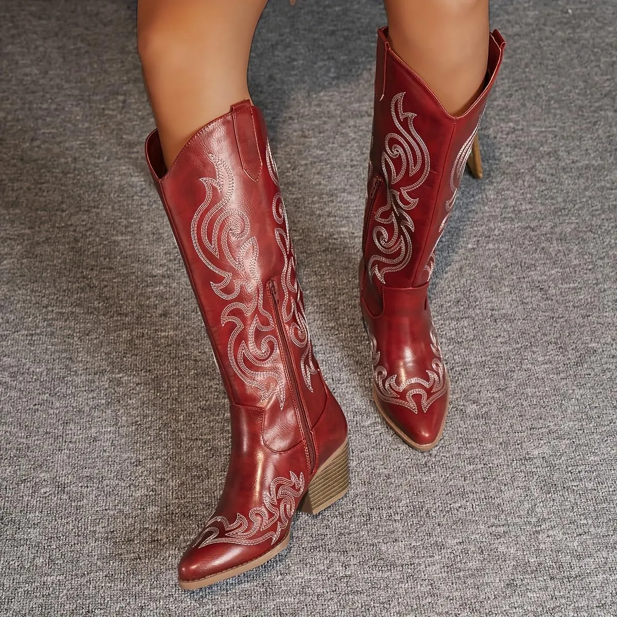Women's Chunky Heel Western Cowboy Boots Stylish Side Zipper Boots Fashion Pointed Toe Long Boots