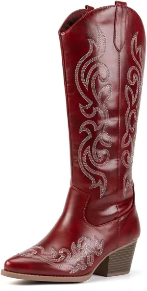 Women's Chunky Heel Western Cowboy Boots Stylish Side Zipper Boots Fashion Pointed Toe Long Boots