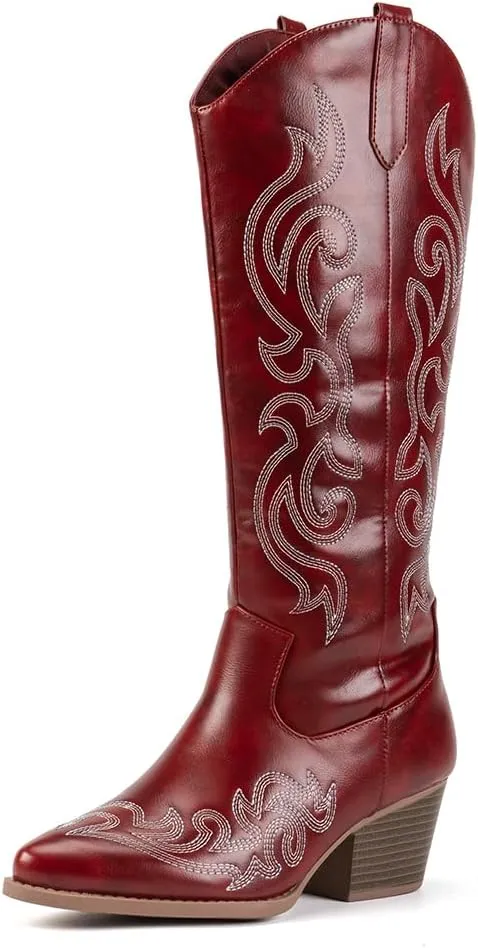 Women's Chunky Heel Western Cowboy Boots Stylish Side Zipper Boots Fashion Pointed Toe Long Boots