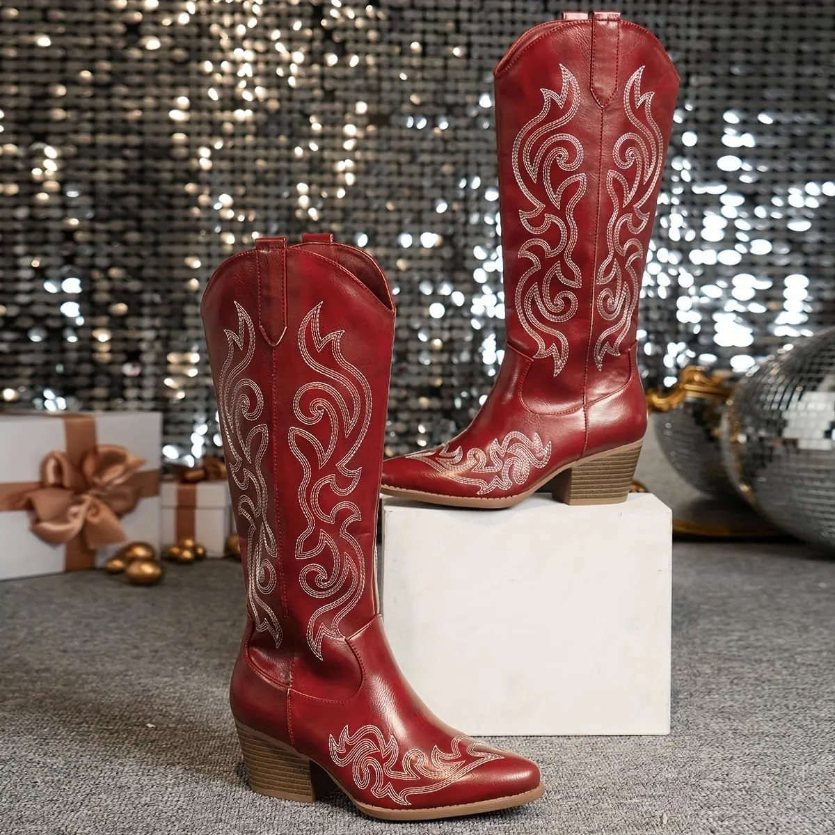 Women's Chunky Heel Western Cowboy Boots Stylish Side Zipper Boots Fashion Pointed Toe Long Boots