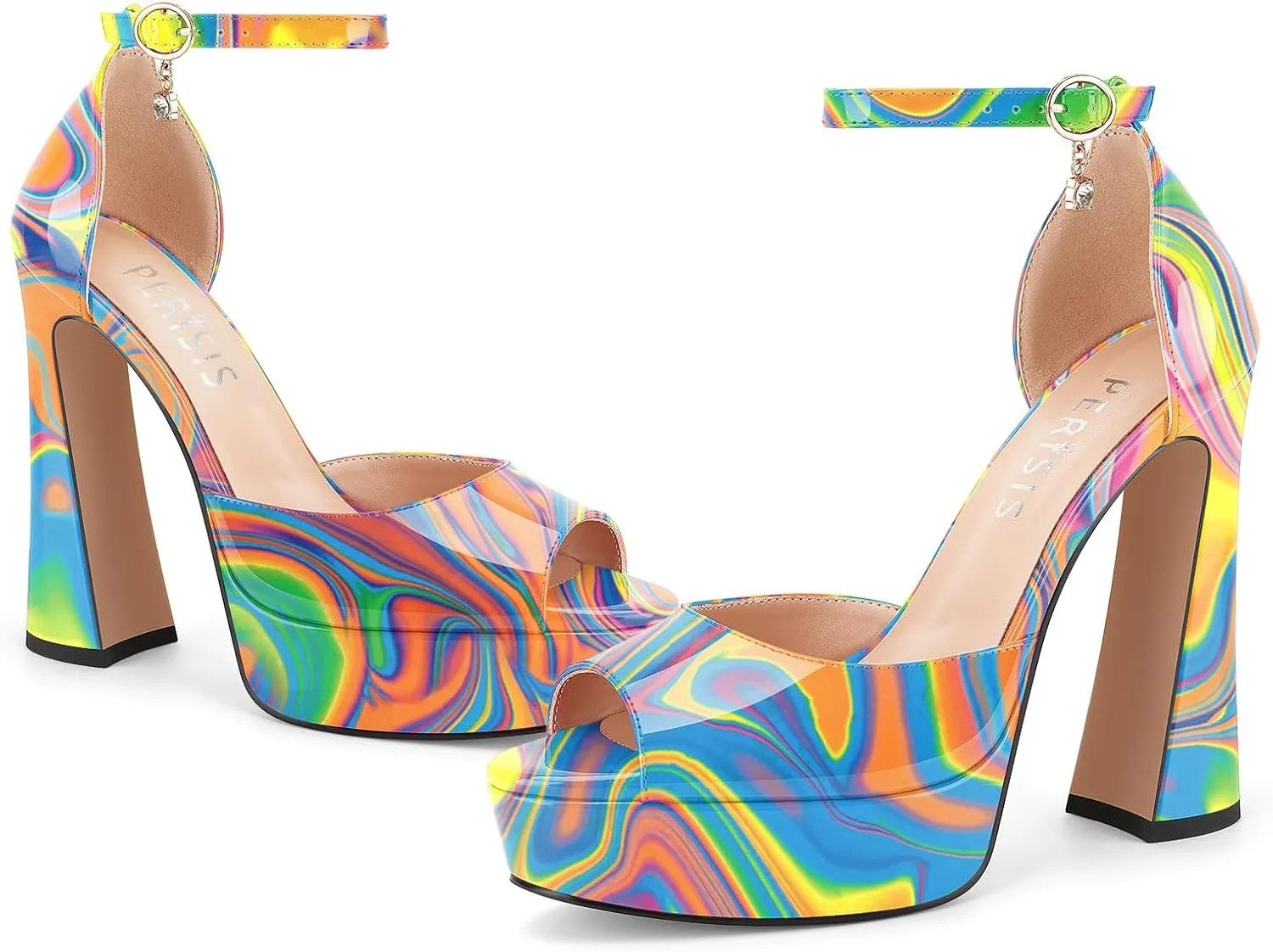 Women's Chunky Platform Heels Patent Leather Block Heeled Sandals Open Peep Toe Dressy Shoes with Ankle Strap Buckle and Rhinestone for Ladies Sexy Summer 5 Inch