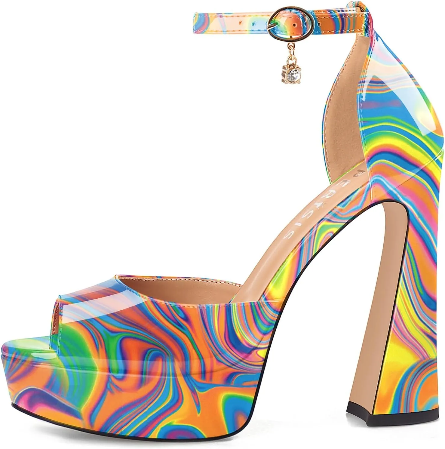Women's Chunky Platform Heels Patent Leather Block Heeled Sandals Open Peep Toe Dressy Shoes with Ankle Strap Buckle and Rhinestone for Ladies Sexy Summer 5 Inch