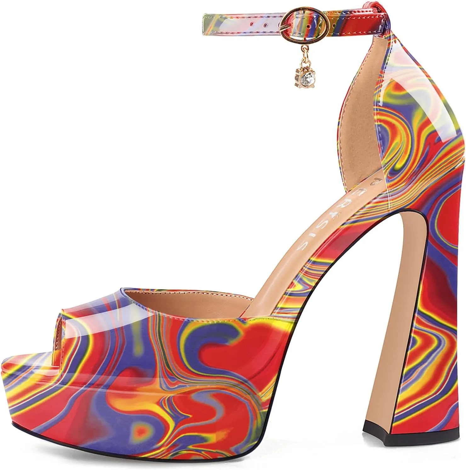 Women's Chunky Platform Heels Patent Leather Block Heeled Sandals Open Peep Toe Dressy Shoes with Ankle Strap Buckle and Rhinestone for Ladies Sexy Summer 5 Inch