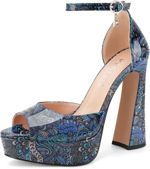 Women's Chunky Platform Heels Patent Leather Block Heeled Sandals Open Peep Toe Dressy Shoes with Ankle Strap Buckle and Rhinestone for Ladies Sexy Summer 5 Inch
