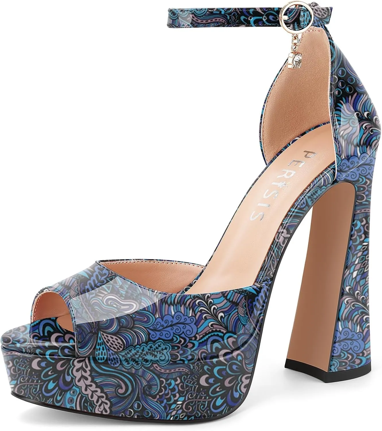Women's Chunky Platform Heels Patent Leather Block Heeled Sandals Open Peep Toe Dressy Shoes with Ankle Strap Buckle and Rhinestone for Ladies Sexy Summer 5 Inch