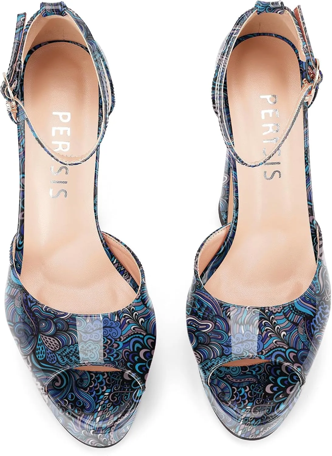 Women's Chunky Platform Heels Patent Leather Block Heeled Sandals Open Peep Toe Dressy Shoes with Ankle Strap Buckle and Rhinestone for Ladies Sexy Summer 5 Inch