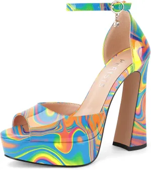Women's Chunky Platform Heels Patent Leather Block Heeled Sandals Open Peep Toe Dressy Shoes with Ankle Strap Buckle and Rhinestone for Ladies Sexy Summer 5 Inch