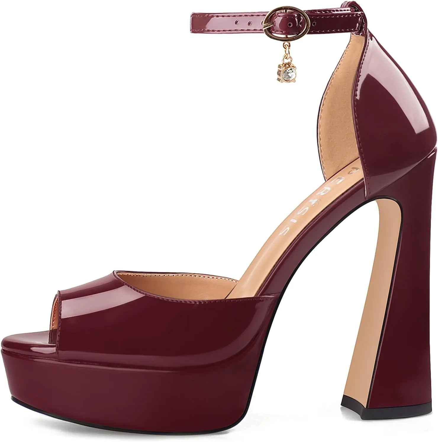 Women's Chunky Platform Heels Patent Leather Block Heeled Sandals Open Peep Toe Dressy Shoes with Ankle Strap Buckle and Rhinestone for Ladies Sexy Summer 5 Inch