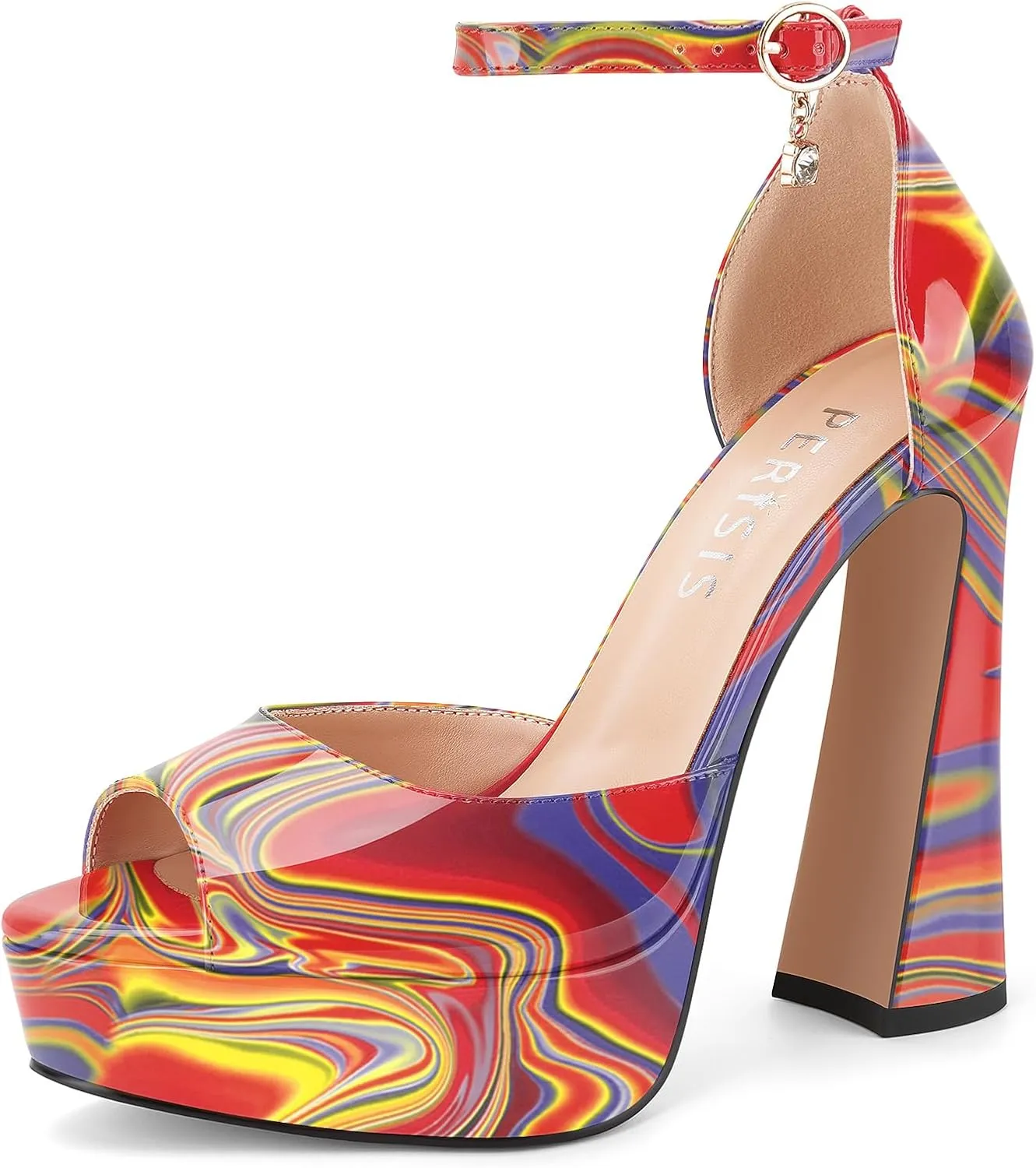 Women's Chunky Platform Heels Patent Leather Block Heeled Sandals Open Peep Toe Dressy Shoes with Ankle Strap Buckle and Rhinestone for Ladies Sexy Summer 5 Inch