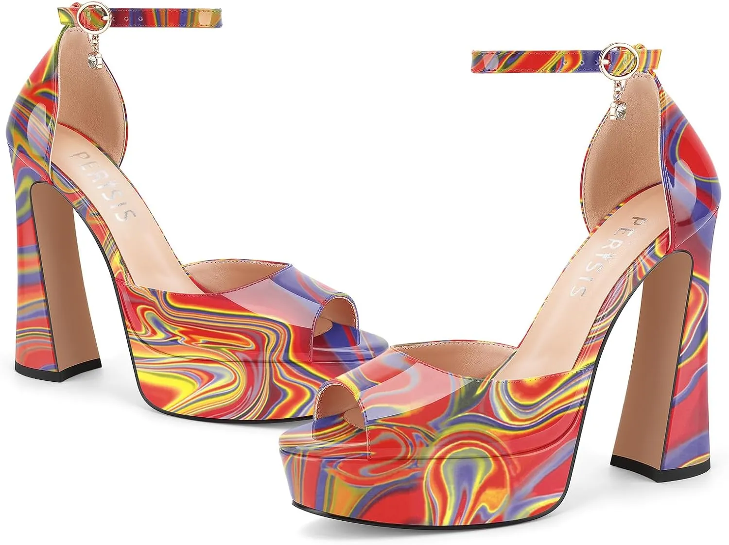Women's Chunky Platform Heels Patent Leather Block Heeled Sandals Open Peep Toe Dressy Shoes with Ankle Strap Buckle and Rhinestone for Ladies Sexy Summer 5 Inch