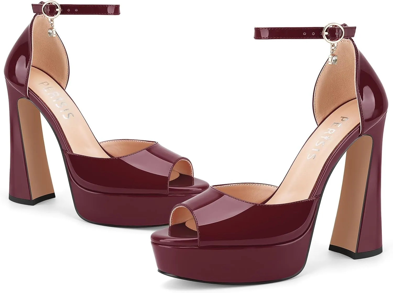 Women's Chunky Platform Heels Patent Leather Block Heeled Sandals Open Peep Toe Dressy Shoes with Ankle Strap Buckle and Rhinestone for Ladies Sexy Summer 5 Inch