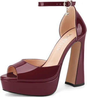 Women's Chunky Platform Heels Patent Leather Block Heeled Sandals Open Peep Toe Dressy Shoes with Ankle Strap Buckle and Rhinestone for Ladies Sexy Summer 5 Inch