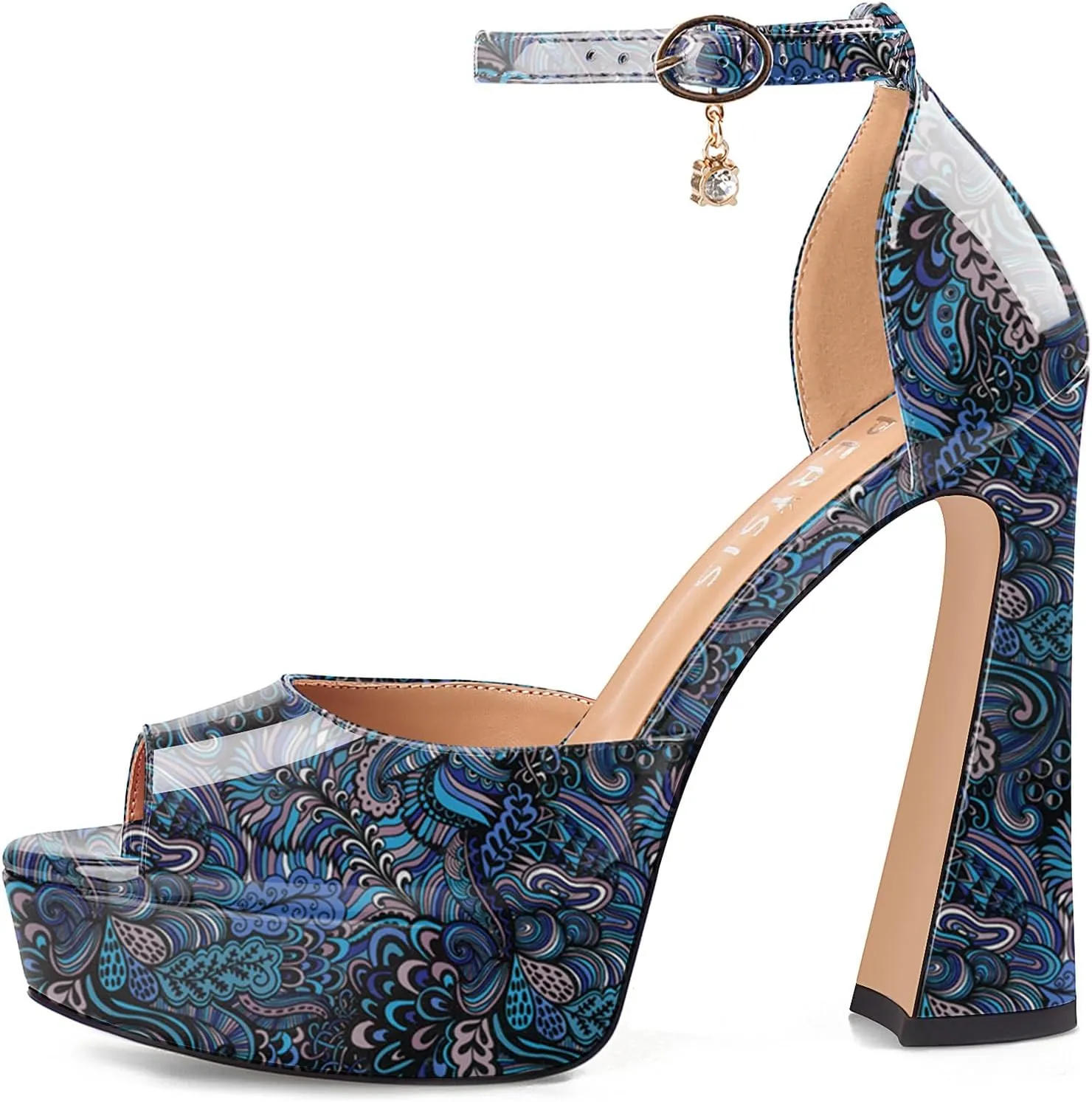 Women's Chunky Platform Heels Patent Leather Block Heeled Sandals Open Peep Toe Dressy Shoes with Ankle Strap Buckle and Rhinestone for Ladies Sexy Summer 5 Inch