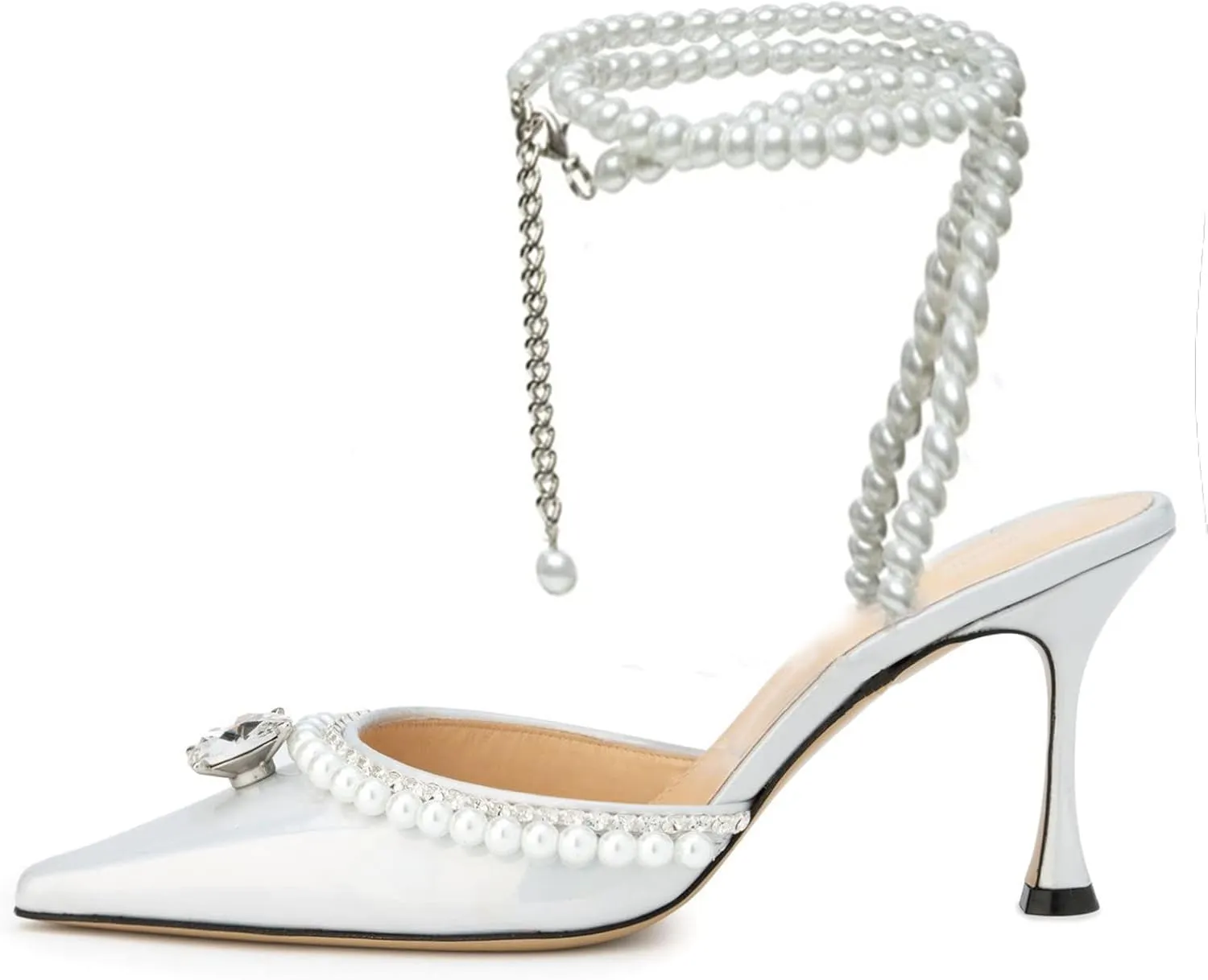 Women's Clear Heels Pointed Toe Rhinestone Stiletto White Pearl Heels for Women Wedding Party Sandals