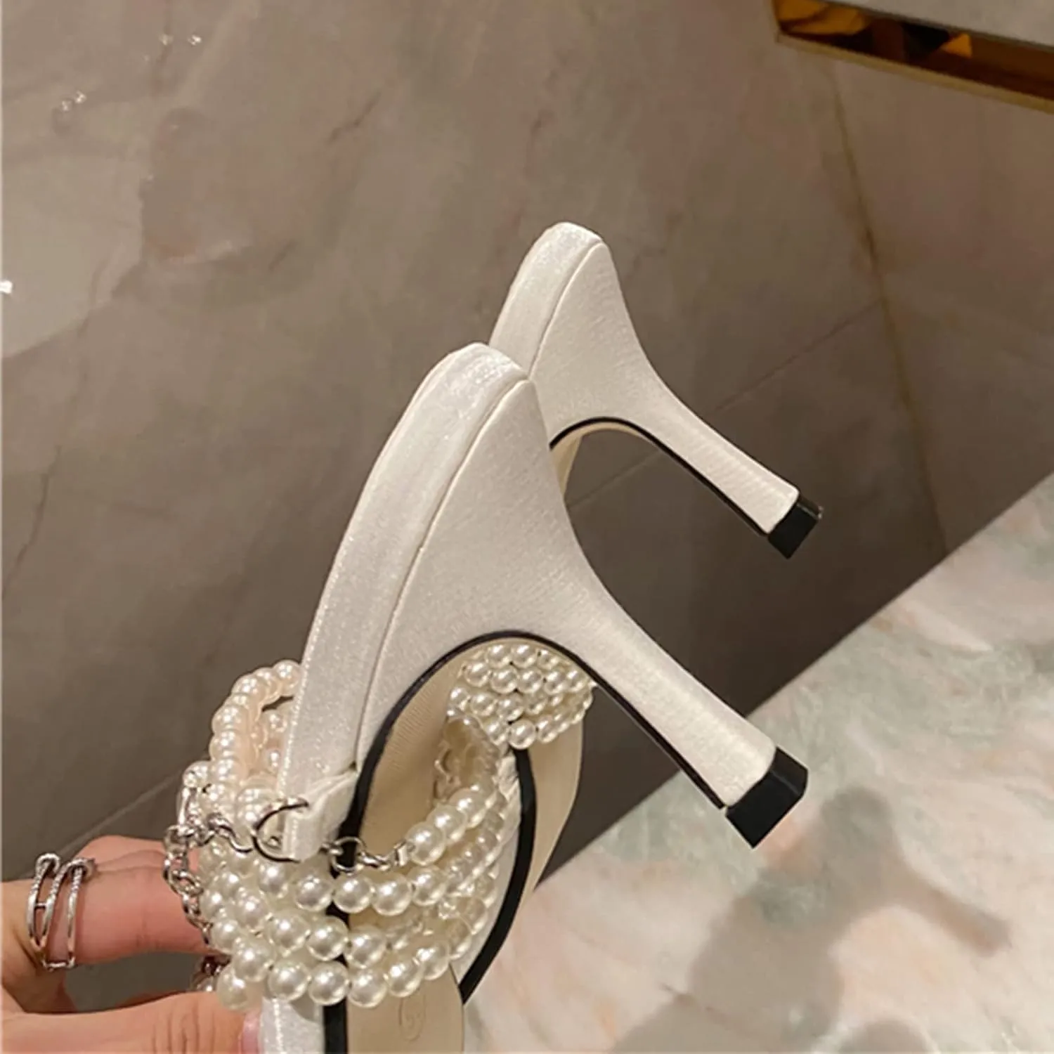 Women's Clear Heels Pointed Toe Rhinestone Stiletto White Pearl Heels for Women Wedding Party Sandals