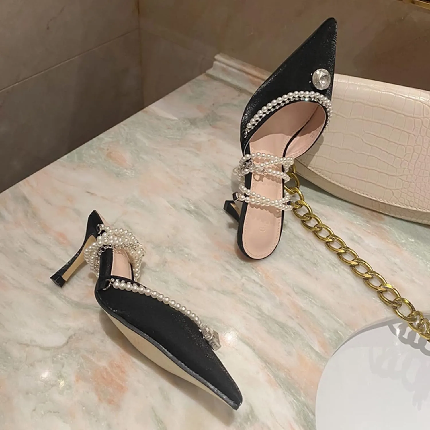 Women's Clear Heels Pointed Toe Rhinestone Stiletto White Pearl Heels for Women Wedding Party Sandals