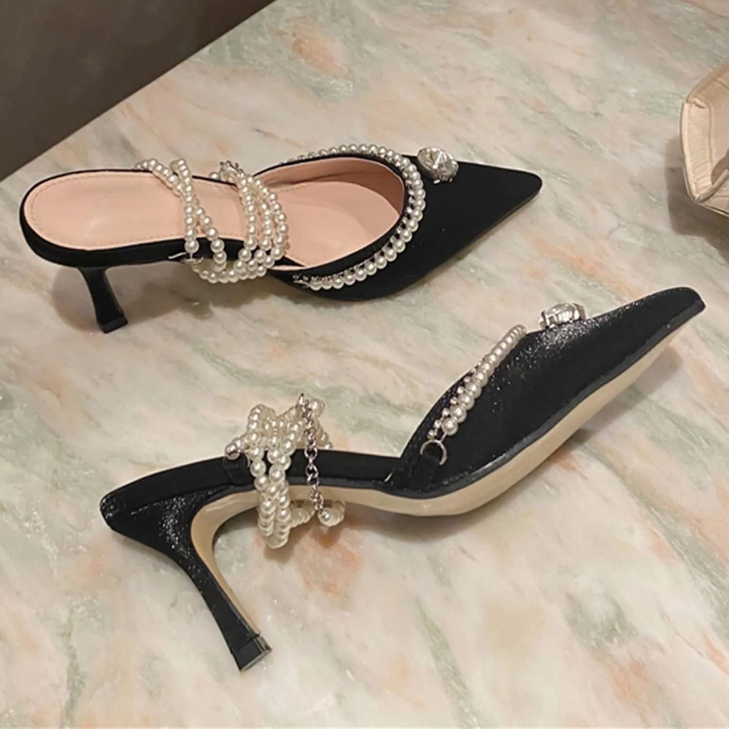 Women's Clear Heels Pointed Toe Rhinestone Stiletto White Pearl Heels for Women Wedding Party Sandals