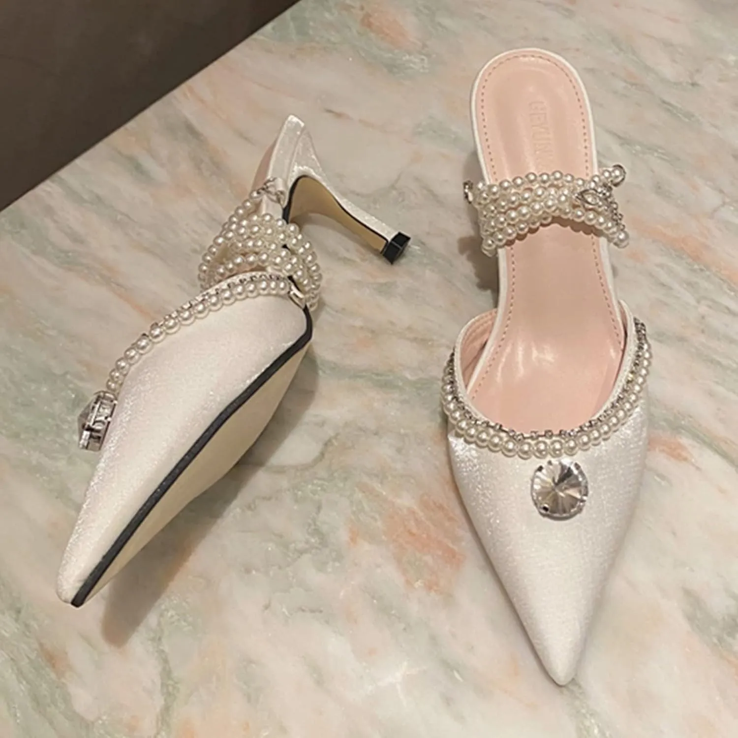 Women's Clear Heels Pointed Toe Rhinestone Stiletto White Pearl Heels for Women Wedding Party Sandals