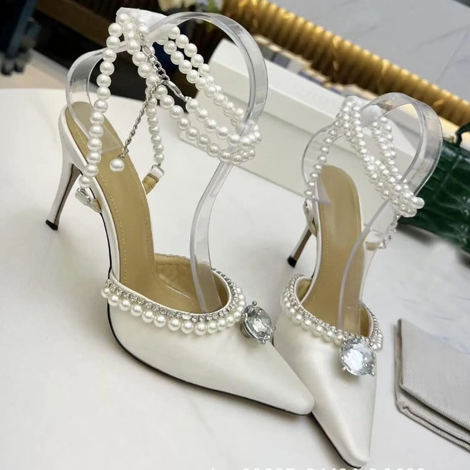 Women's Clear Heels Pointed Toe Rhinestone Stiletto White Pearl Heels for Women Wedding Party Sandals