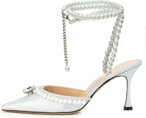 Women's Clear Heels Pointed Toe Rhinestone Stiletto White Pearl Heels for Women Wedding Party Sandals