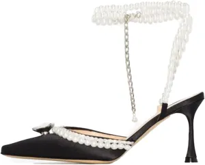 Women's Clear Heels Pointed Toe Rhinestone Stiletto White Pearl Heels for Women Wedding Party Sandals