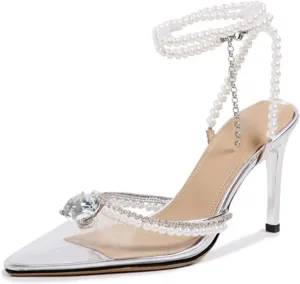 Women's Clear Heels Pointed Toe Rhinestone Stiletto White Pearl Heels for Women Wedding Party Sandals