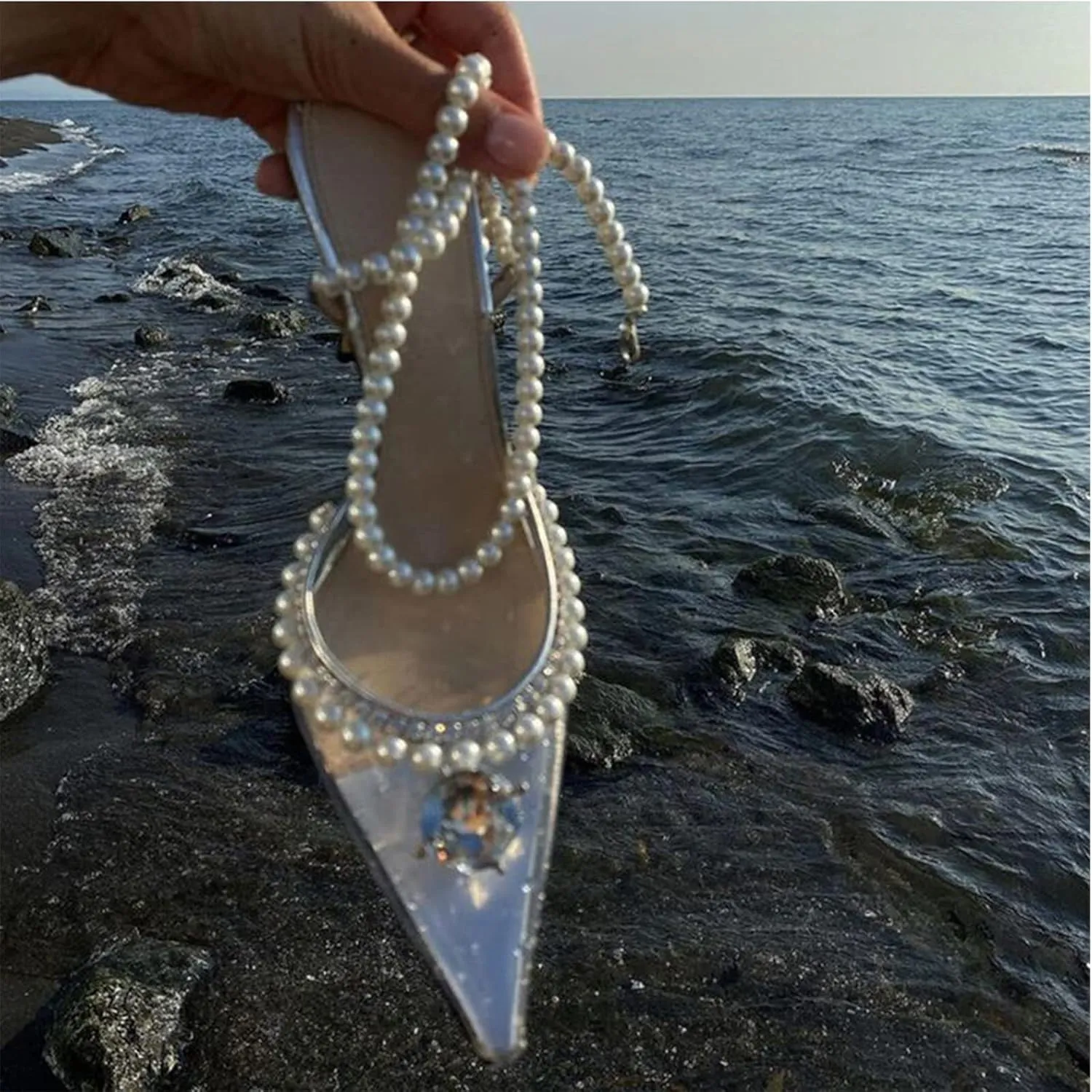 Women's Clear Heels Pointed Toe Rhinestone Stiletto White Pearl Heels for Women Wedding Party Sandals