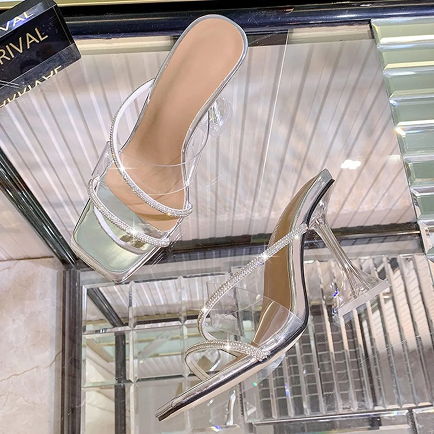 Women's Clear Heels Rhinestones Lace Up Heels Square Toe Stiletto High Heel Sandals
