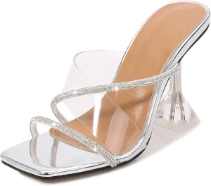 Women's Clear Heels Rhinestones Lace Up Heels Square Toe Stiletto High Heel Sandals